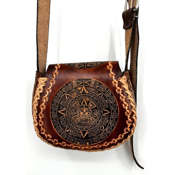 Vintage Hand Tooled Brown Leather Aztec Calendar Bag Crossbody Handmade Mexican - Picture 3 of 9